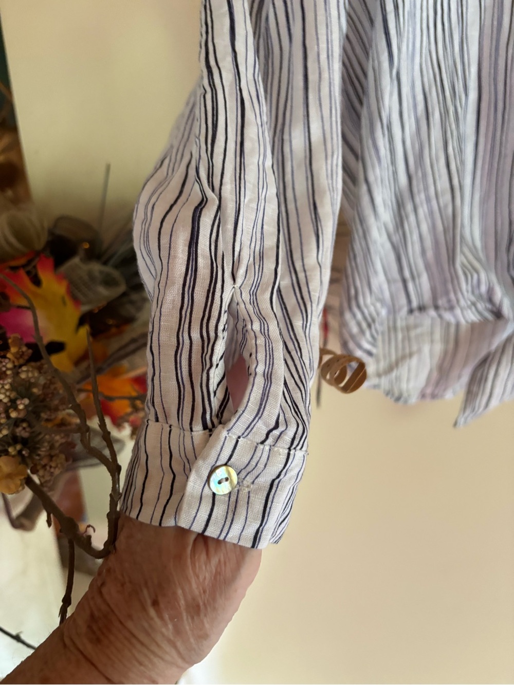 Hester & Orchard Linen Cotton Vertical Stripe Tie Front Button-up Top Sz L Coast - Picture 5 of 10